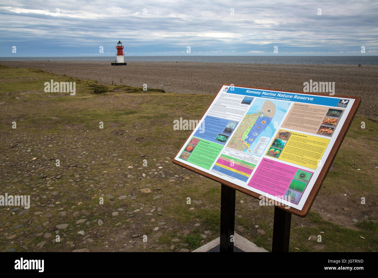 Informationstafel über Ramsey Marine Nature Reserve auf der Isle Of man. Stockfoto