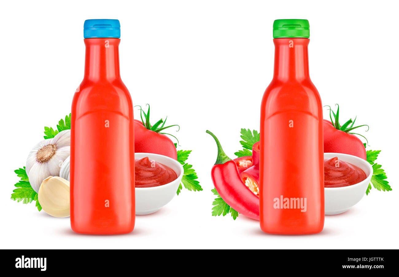 Tomaten-Ketchup-Flasche isoliert auf weißem Hintergrund Stockfoto