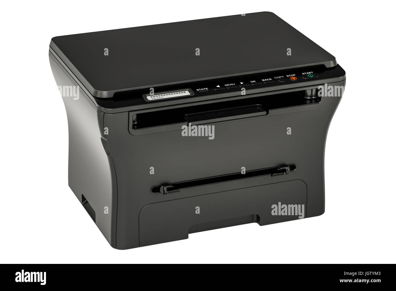 moderne schwarze Büro Multifunktions-Drucker MFP, 3D-Rendering isolierten auf weißen Hintergrund Stockfoto