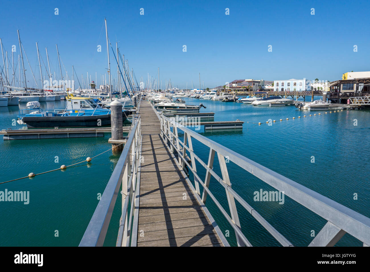 Boot Brücke an Marina Rubicon in Playa Blanca, Lanzarote, Kanarische Inseln, Spanien, Europa Stockfoto