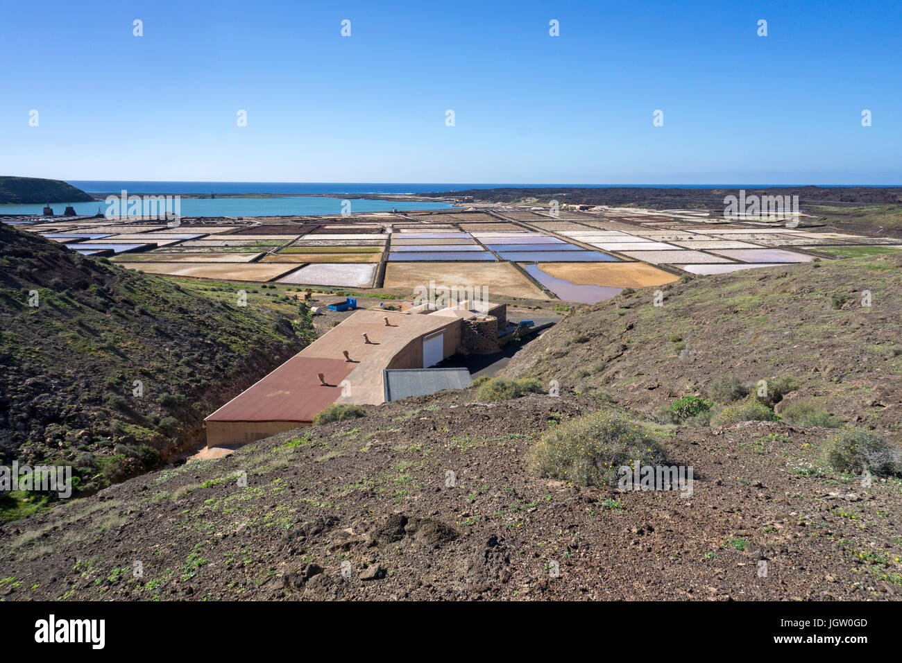 Salinas de Janubio, Meersalz Saline an der Südwestküste der Insel Lanzarote, Kanarische Inseln, Spanien, Europa Stockfoto
