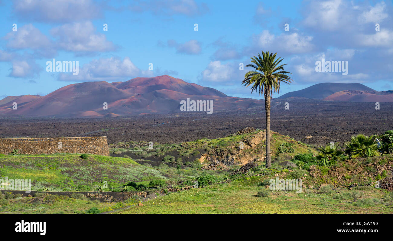 Vulkanische Landschaft zwischen Yaiza und Uga, hinter der Feuerberge Montanas del Fuego, Nationalpark Timanfaya auf Lanzarote, Kanarische Inseln, Europa Stockfoto