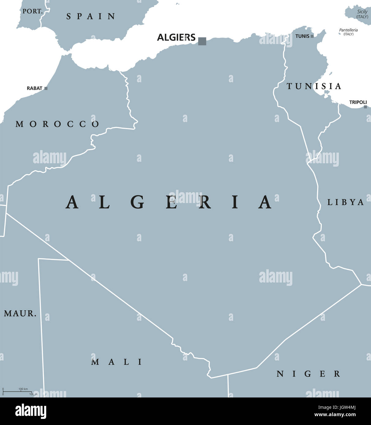 Algerien politische Karte mit Hauptstadt Algier. Völker die Demokratische Volksrepublik Algerien. Arabische Land in der Maghreb-Region von Nord-Afrika. Abbildung. Stockfoto