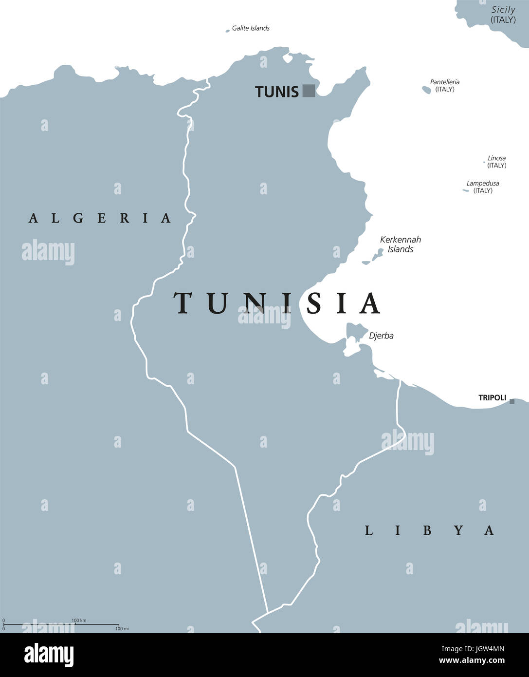 Tunesien politische Karte mit Hauptstadt Tunis und Grenzen. Tunesische Republik. Arabische Land in der Maghreb-Region von Nord-Afrika. Graue Abbildung. Stockfoto