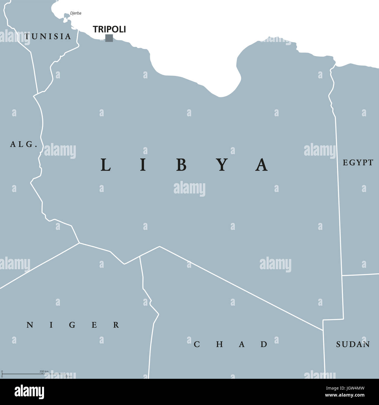 Libyen politische Karte mit Hauptstadt Tripolis. Arabische Land in der Maghreb-Region von Nord-Afrika grenzt an das Mittelmeer. Graue Abbildung. Stockfoto