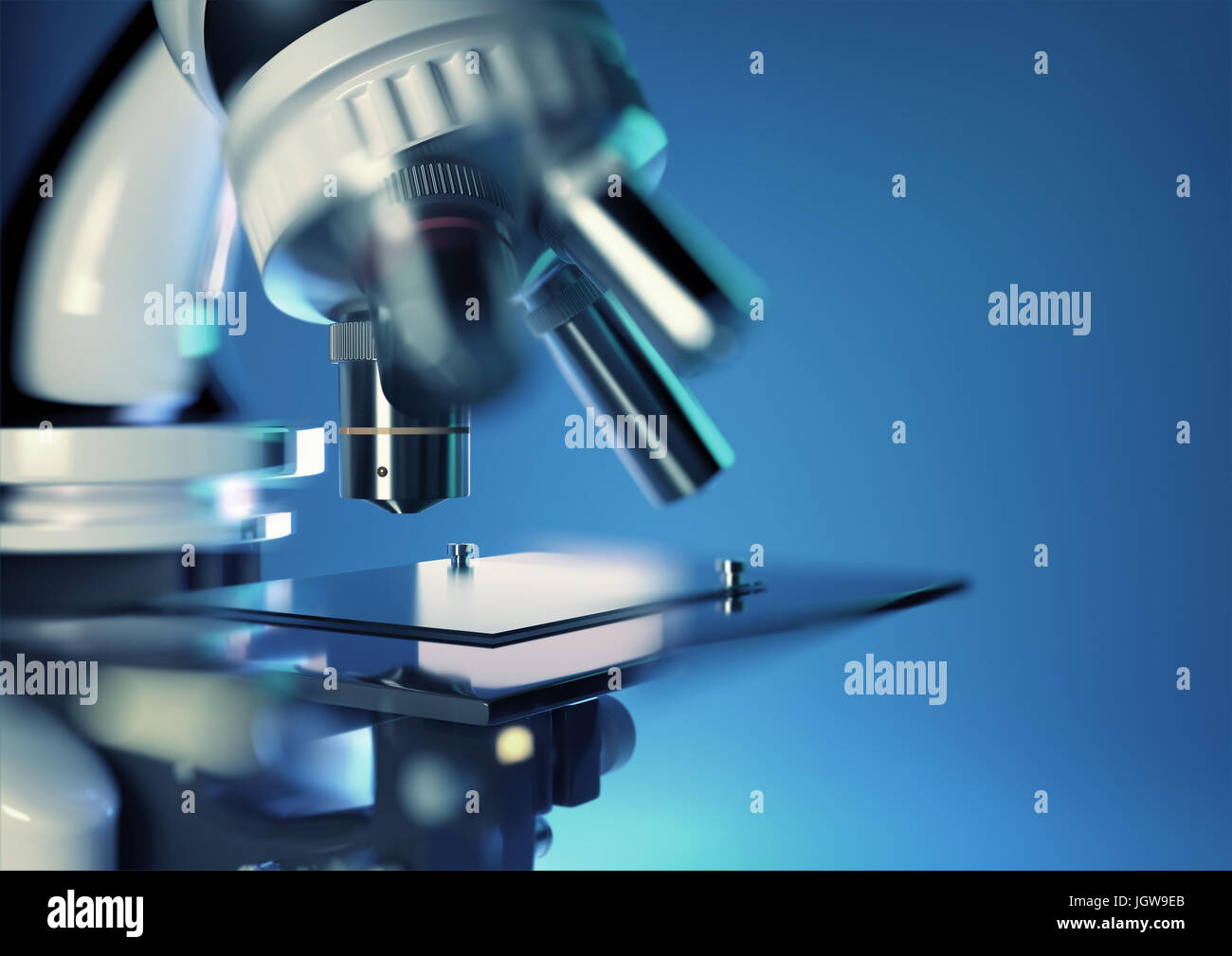 Eine Nahaufnahme Bild eines Mikroskops Studium einer biologischen Probe in ein Labor. 3D Illustration. Stockfoto