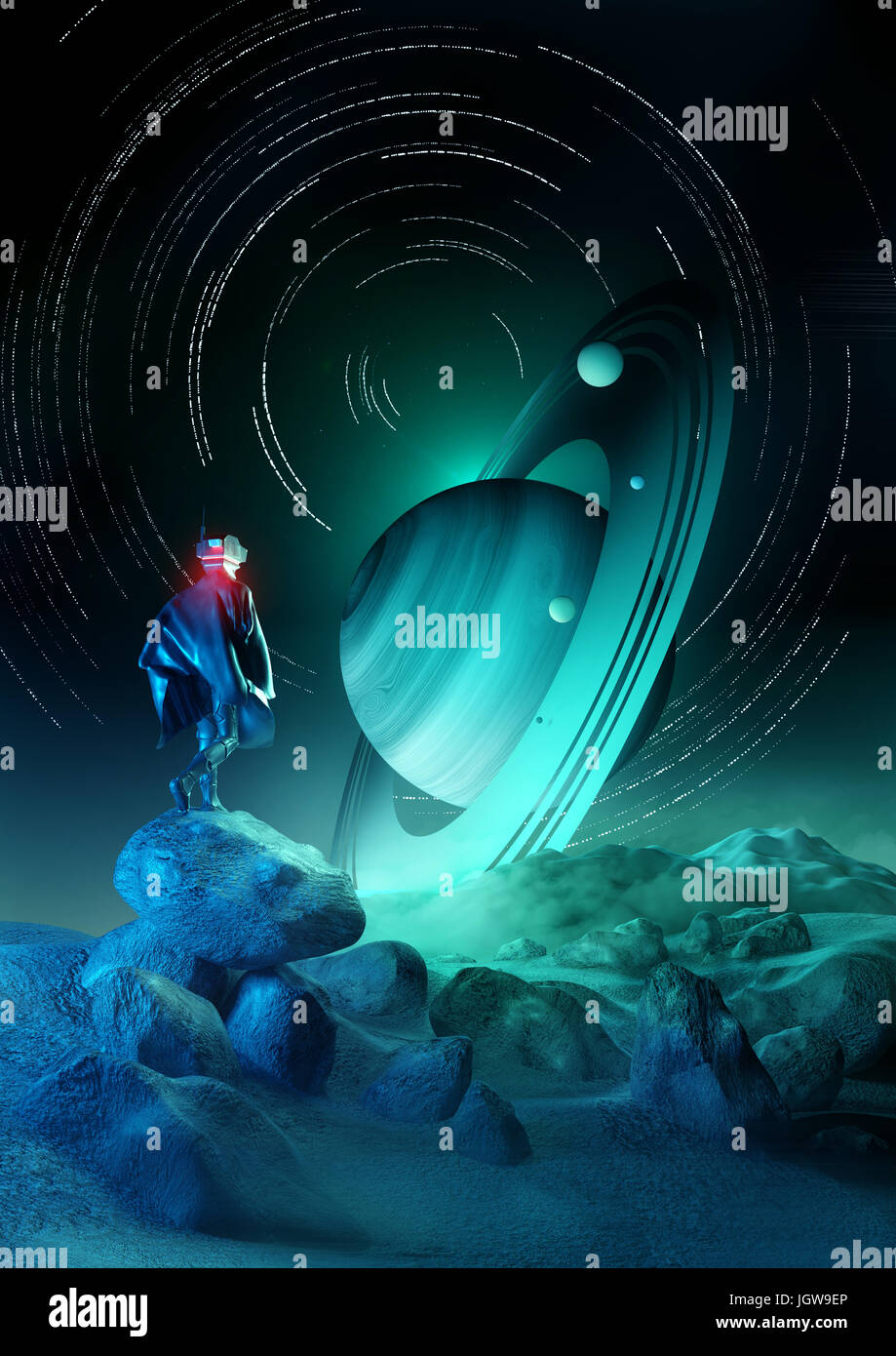 Wunder-Exploration. Ein futuristisches Mensch eines fremden Planeten zu erforschen. 3D Illustration. Stockfoto