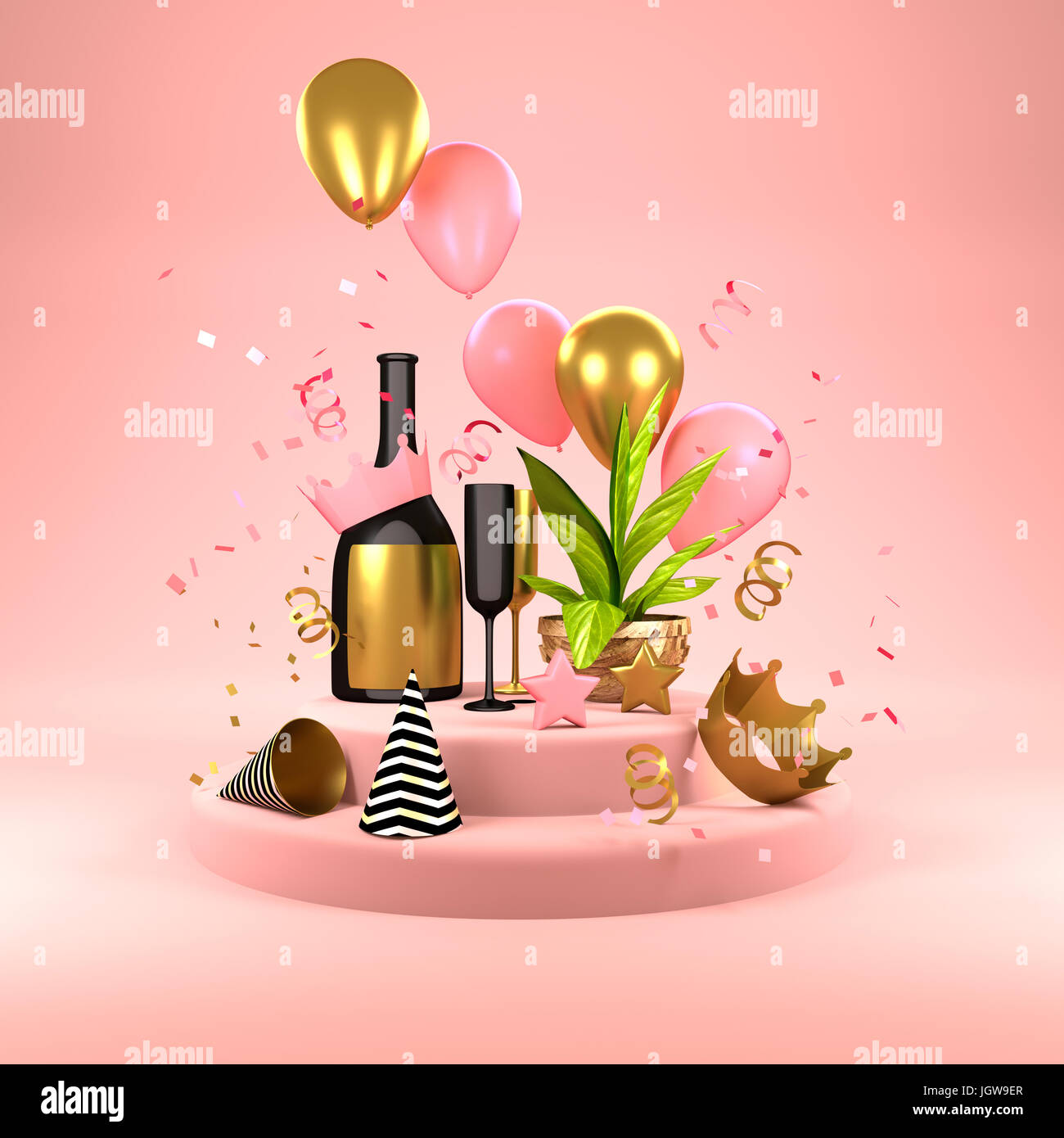 Pink Party Hintergrund - feiern mit Champagner, Luftballons, Partyhut und Konfetti Stockfoto