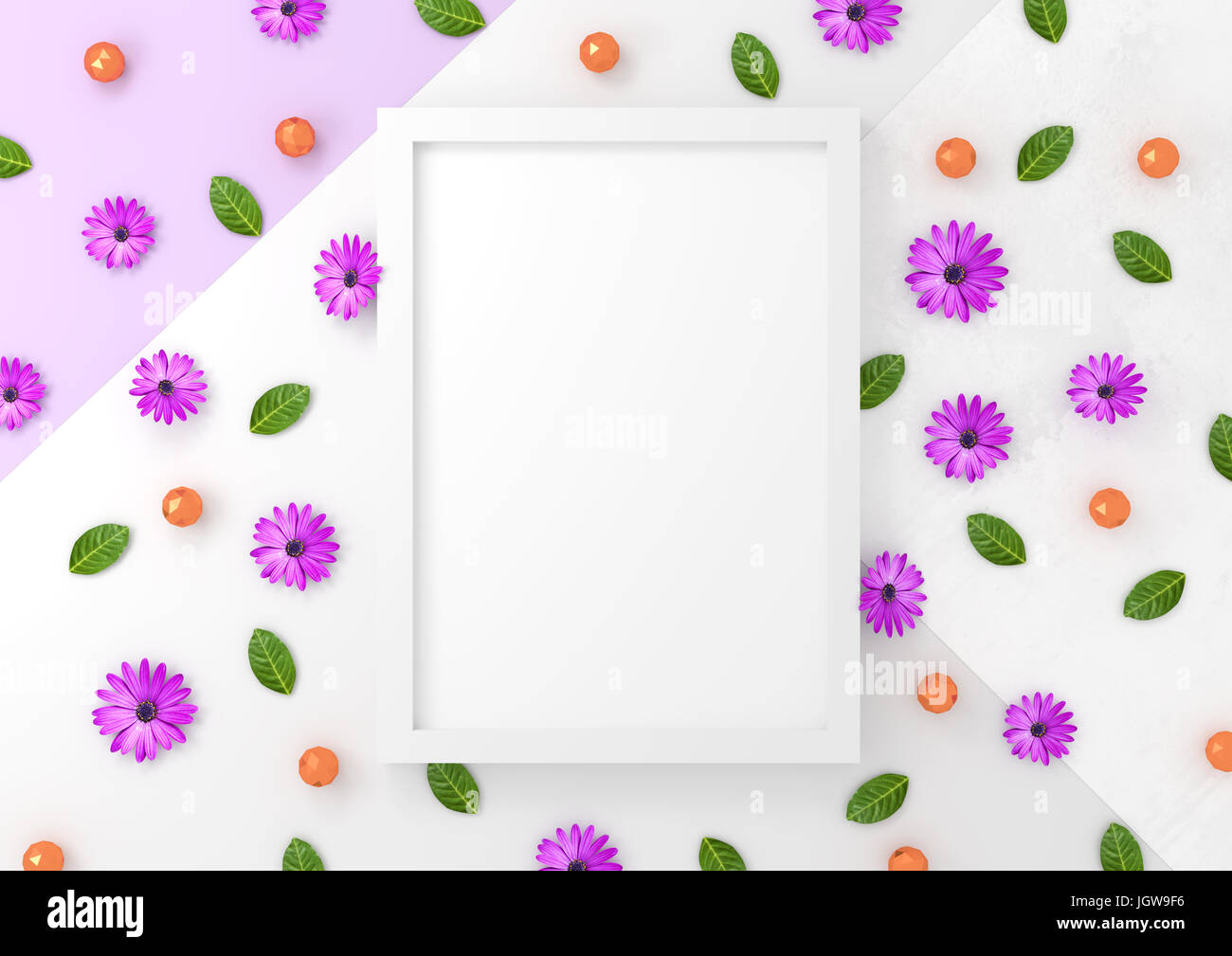 Ein weißer Fotorahmen mock-up Design mit floralen Elementen. 3D-Illustration render Stockfoto