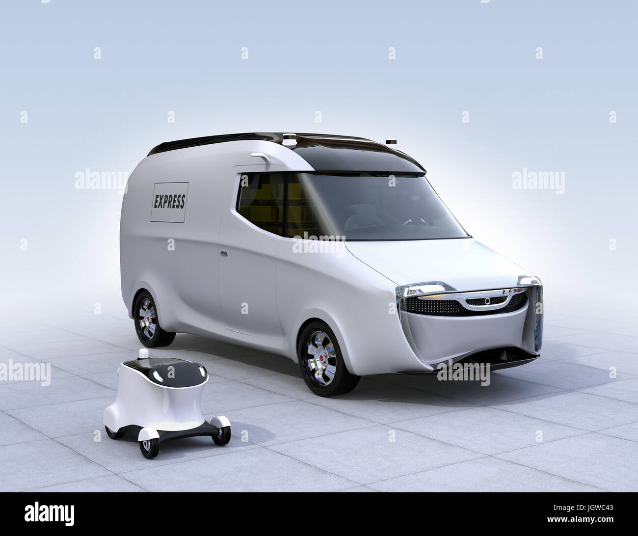 Selbstfahrende Lieferung Roboter und Lieferwagen. Automatische Lieferung Systemkonzept. 3D-Rendering Bild. Stockfoto
