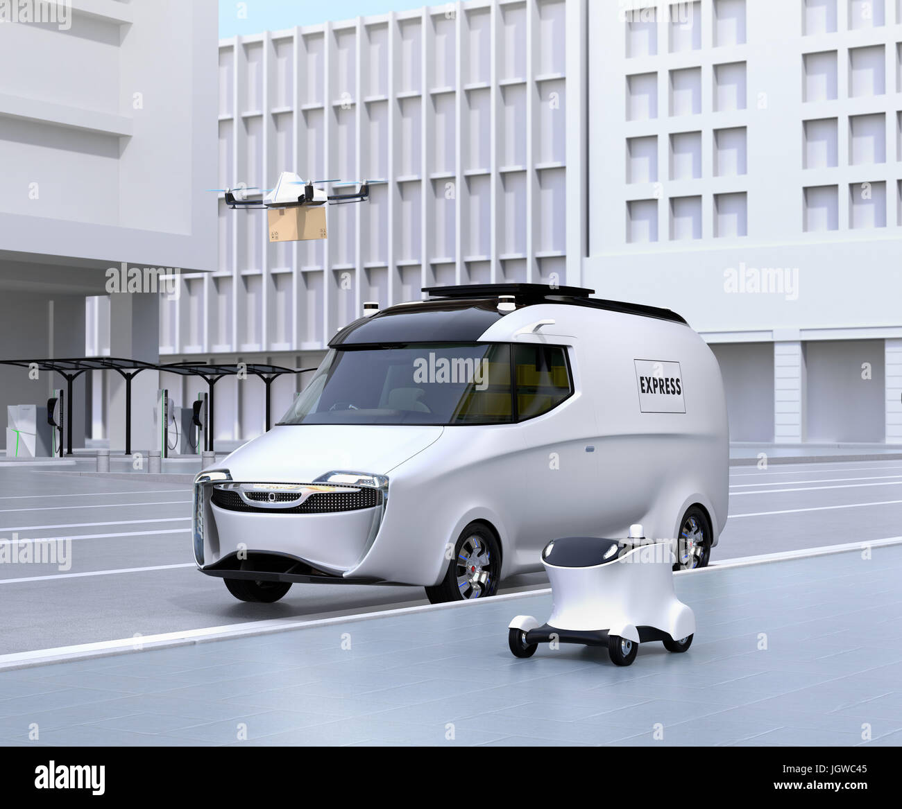 Selbstfahrende Lieferung Roboter, van und Drohne auf der Seite der Straße. Automatische Lieferung Systemkonzept. 3D-Rendering Bild. Stockfoto