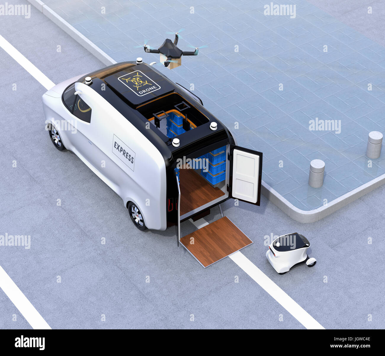 Selbstfahrende van, Drohne und Roboter auf dich Straße. Automatische Lieferung Systemkonzept. 3D-Rendering Bild. Stockfoto