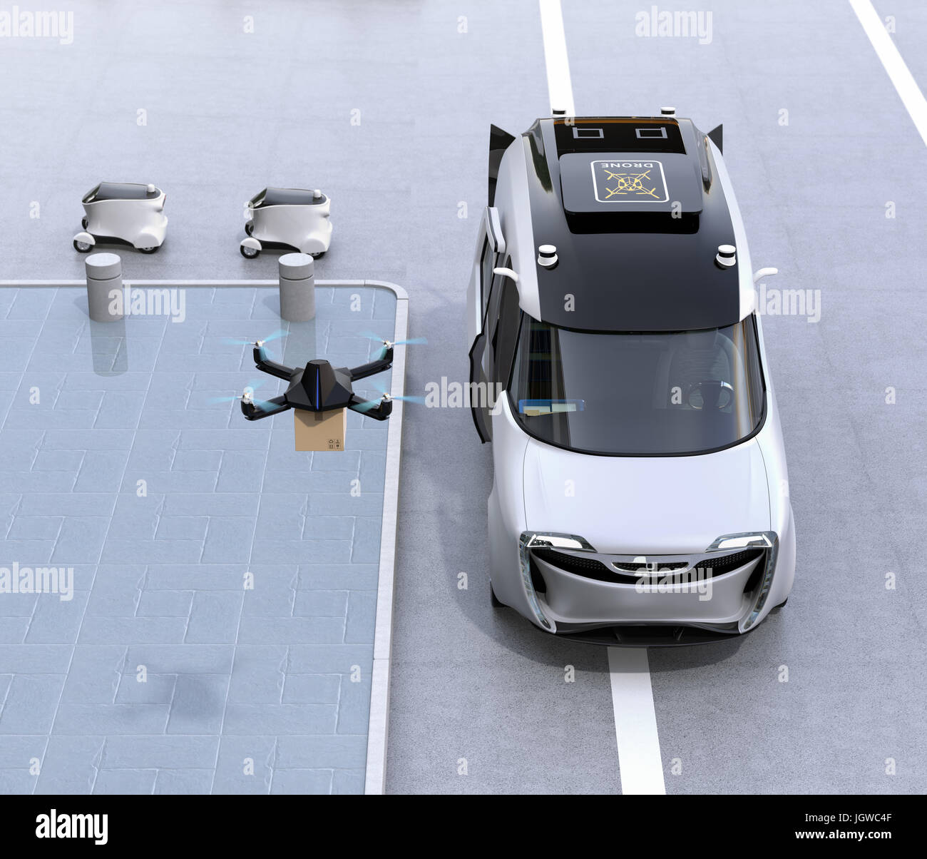 Flotte von selbstfahrenden Lieferung Roboter, van und Drohne auf der Seite der Straße. Automatische Lieferung Systemkonzept. 3D-Rendering Bild. Stockfoto