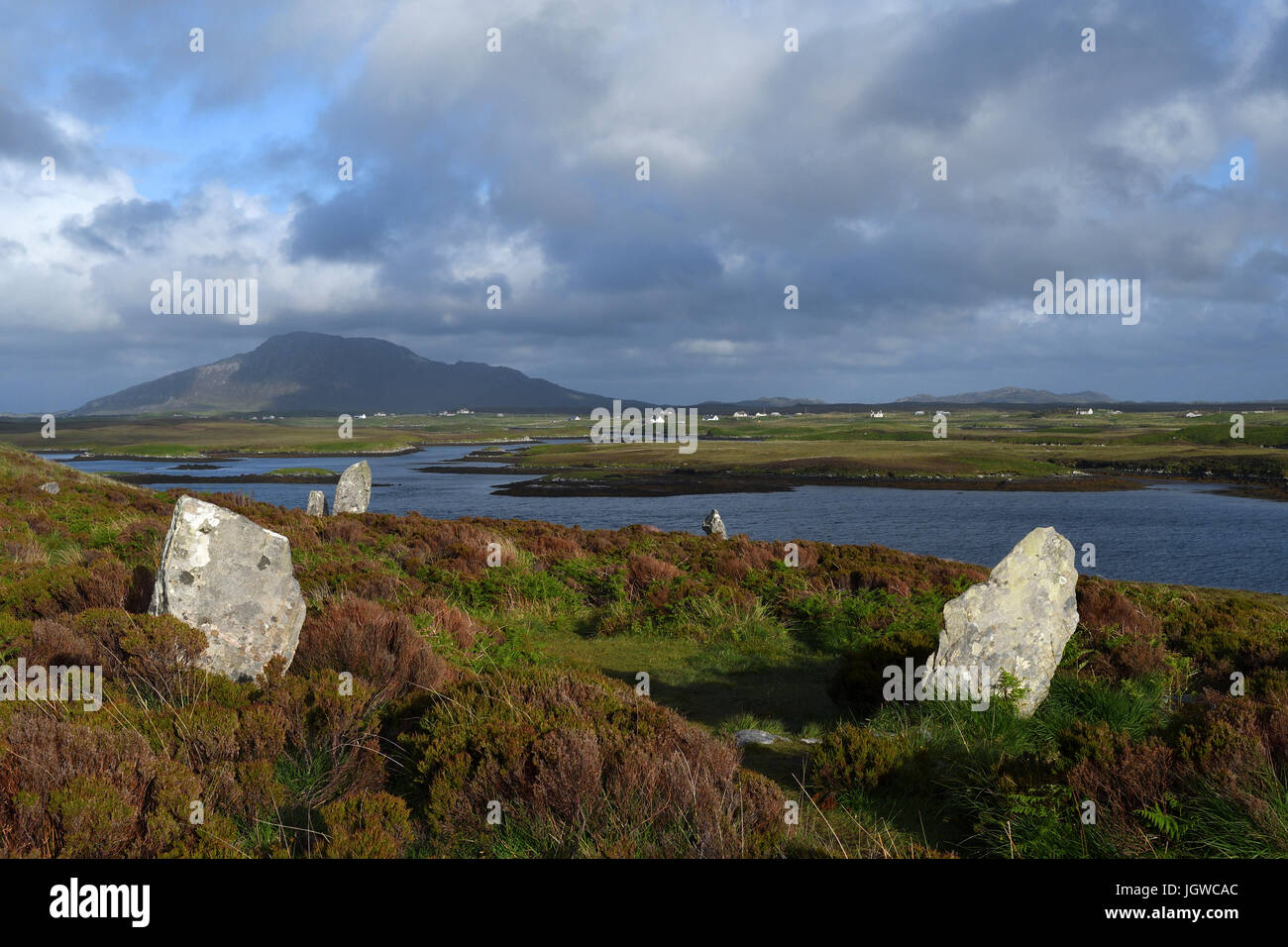 Finns Menschen Pobull Fhinn Steinkreis; Menhire; Loch Langass; North Uist; Schottland Stockfoto