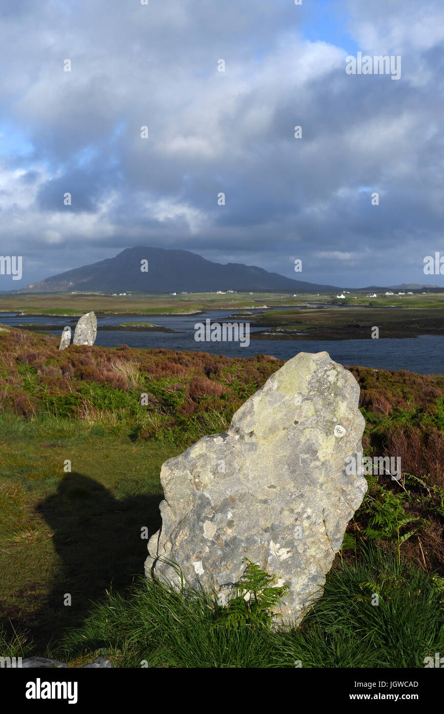 Finns Menschen Pobull Fhinn Steinkreis; Menhire; Loch Langass; North Uist; Schottland Stockfoto