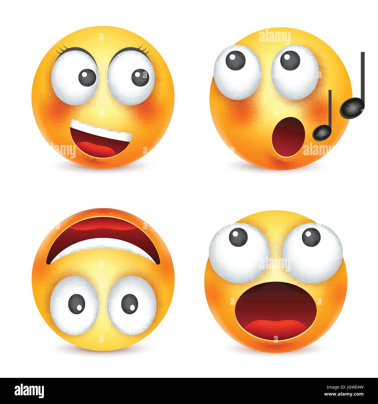 Smiley, Emoticon-Satz. Gelbes Gesicht mit Emotionen. Gesichtsausdruck. 3D realistisch Emoji. Traurig, glücklich, wütend Gesichter. Lustige Comic-Figur. Stimmung. Web-Symbol. Vektor-Illustration. Stock Vektor