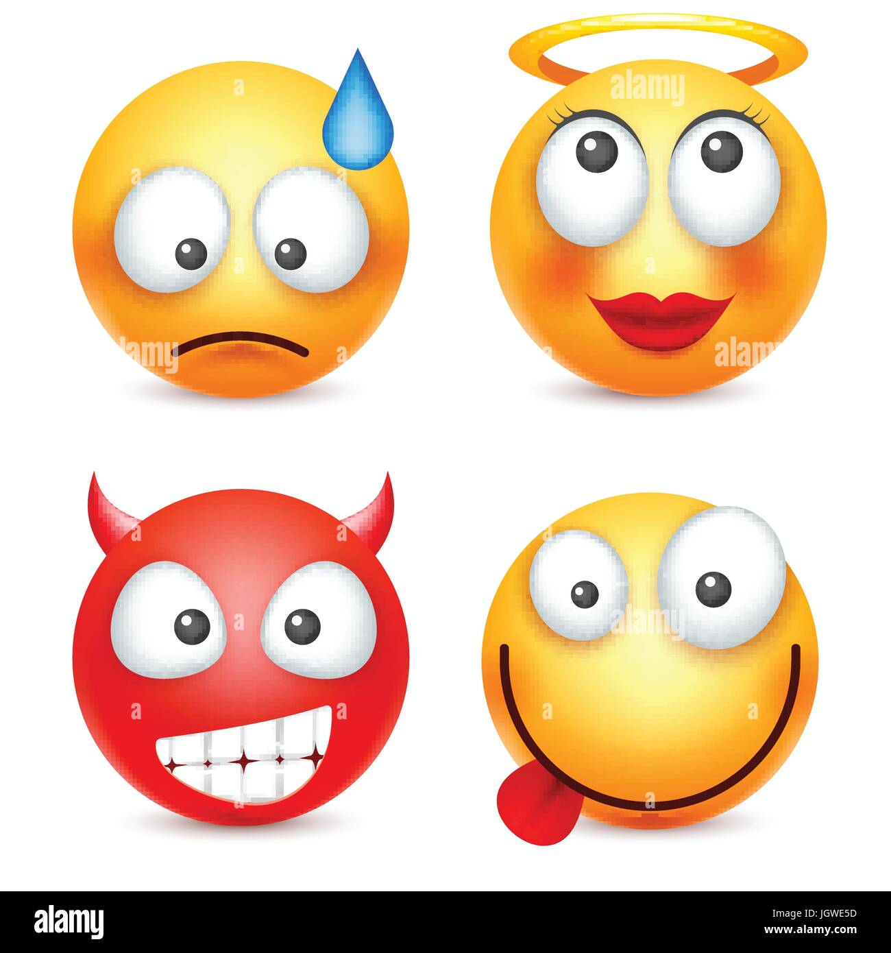 Smiley, Emoticon-Satz. Gelbes Gesicht mit Emotionen. Gesichtsausdruck. 3D realistisch Emoji. Traurig, glücklich, wütend Gesichter. Lustige Comic-Figur. Stimmung. Web-Symbol. Vektor-Illustration. Stock Vektor