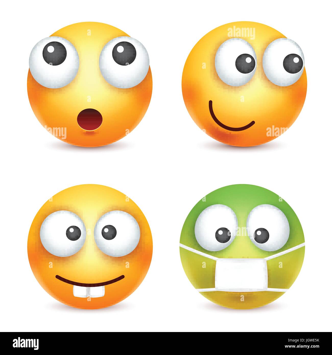 Smiley, Emoticon-Satz. Gelbes Gesicht mit Emotionen. Gesichtsausdruck. 3D realistisch Emoji. Traurig, glücklich, wütend Gesichter. Lustige Comic-Figur. Stimmung. Web-Symbol. Vektor-Illustration. Stock Vektor