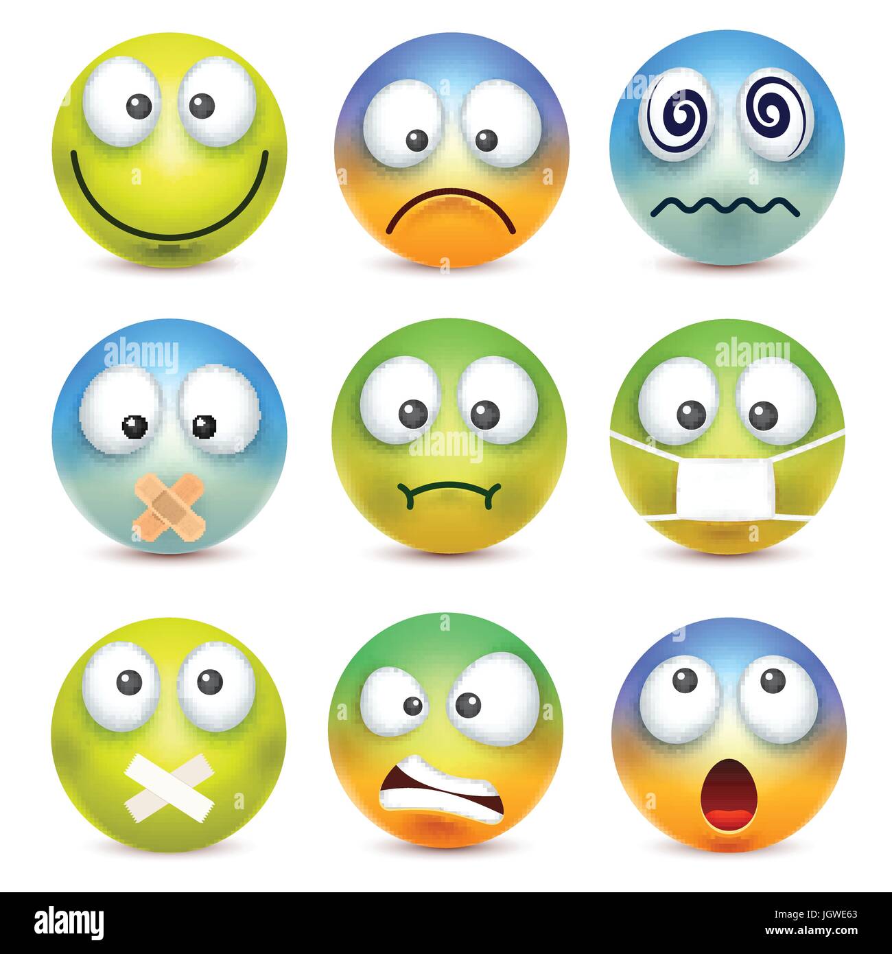 Smiley, Emoticon-Satz. Gelbes Gesicht mit Emotionen. Gesichtsausdruck. 3D realistisch Emoji. Traurig, glücklich, wütend Gesichter. Lustige Comic-Figur. Stimmung. Web-Symbol. Vektor-Illustration. Stock Vektor