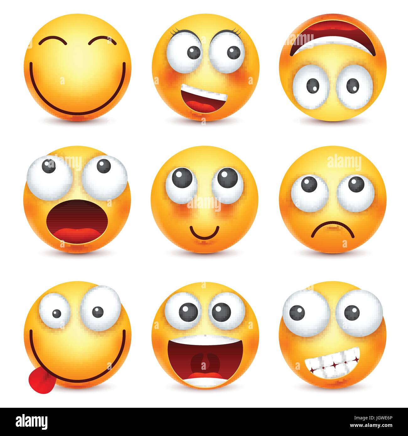 Smiley, Emoticon-Satz. Gelbes Gesicht mit Emotionen. Gesichtsausdruck. 3D realistisch Emoji. Traurig, glücklich, wütend Gesichter. Lustige Comic-Figur. Stimmung. Web-Symbol. Vektor-Illustration. Stock Vektor