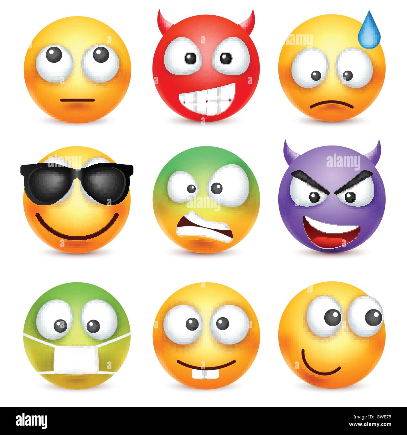 Smiley, Emoticon-Satz. Gelbes Gesicht mit Emotionen. Gesichtsausdruck. 3D realistisch Emoji. Traurig, glücklich, wütend Gesichter. Lustige Comic-Figur. Stimmung. Web-Symbol. Vektor-Illustration. Stock Vektor