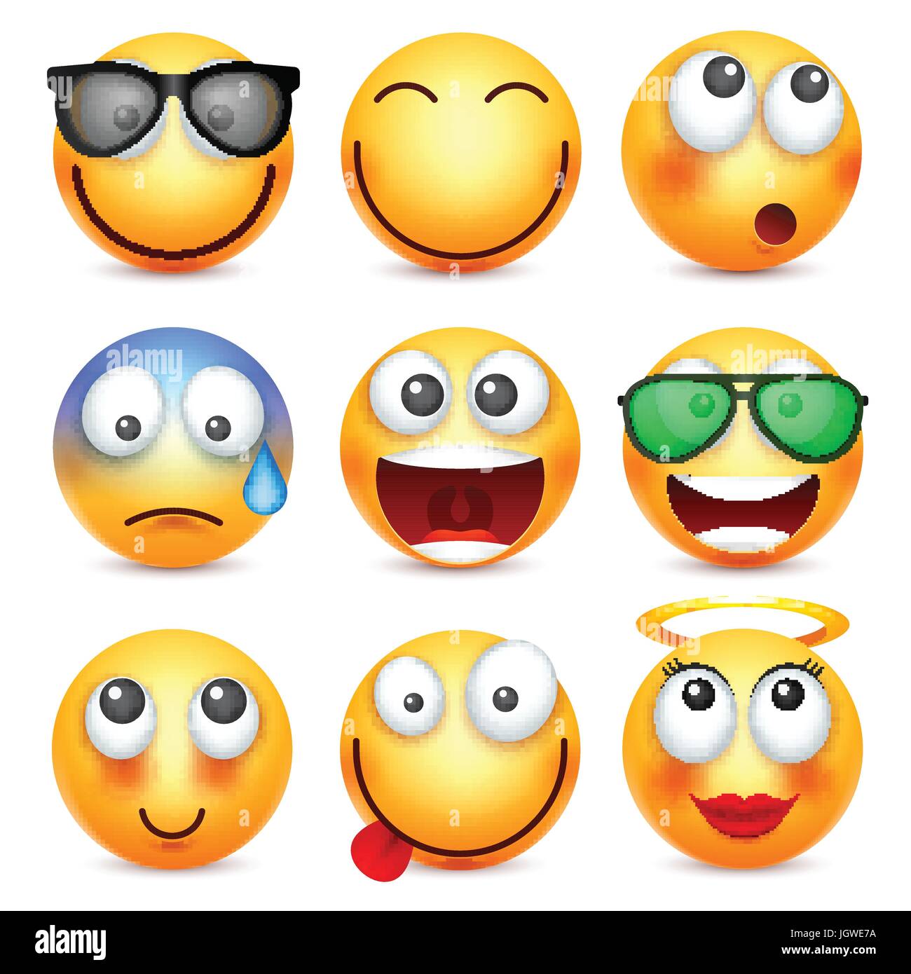 Smiley, Emoticon-Satz. Gelbes Gesicht mit Emotionen. Gesichtsausdruck. 3D realistisch Emoji. Traurig, glücklich, wütend Gesichter. Lustige Comic-Figur. Stimmung. Web-Symbol. Vektor-Illustration. Stock Vektor