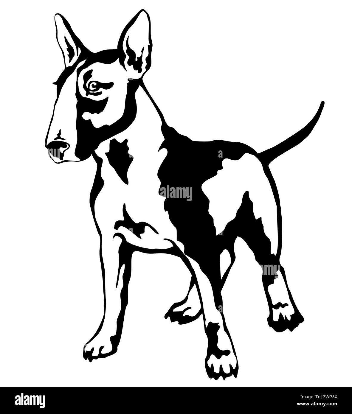 Dekoratives Porträt von stehen im Profil Hund Bullterrier, Vektor-isolierte Illustration in schwarzer Farbe auf weißem Hintergrund Stock Vektor