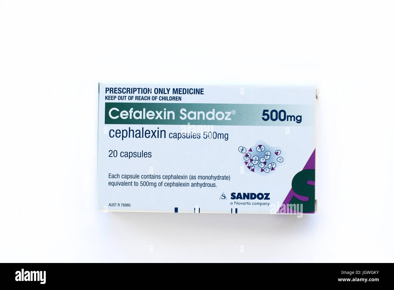 Cephalexin Sandoz auf weißen Hintergrund isoliert Stockfoto