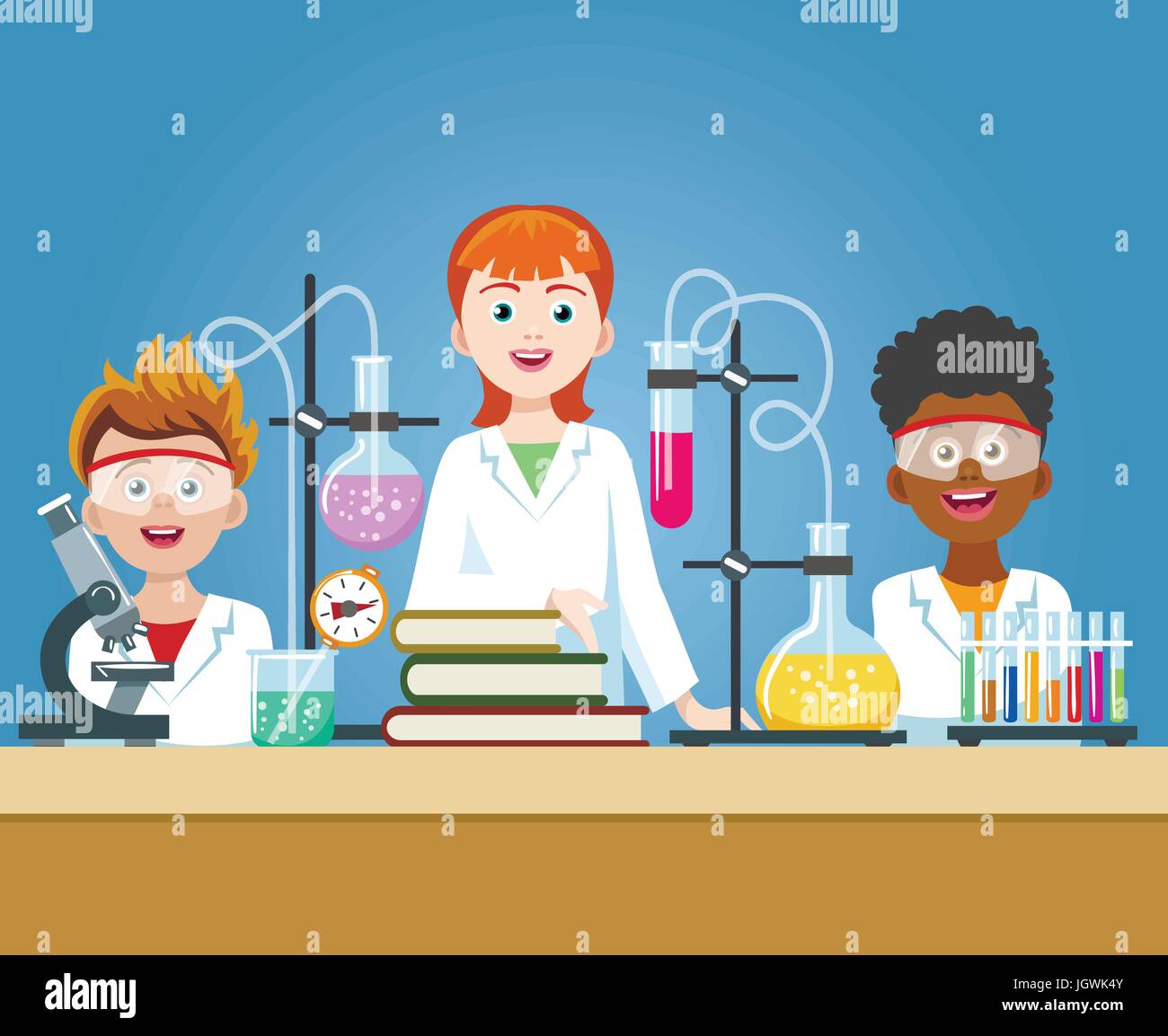 Schülerinnen und Schüler im Chemie-Labor. Schülerlabor Wissenschaft Klasse mit Kindern in Schutzbrille mit Mikroskop-Vektor-illustration Stock Vektor