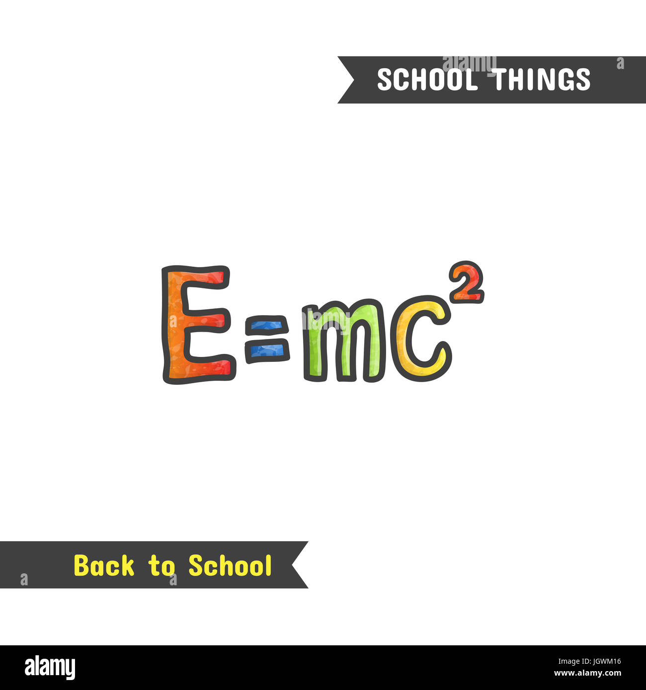 Zurück zu Schule-Versorgungsmaterialien, gezeichnete Handsymbol, isoliert auf weiss cartoon-Stil. Naturwissenschaften. Physik-Symbol, mass-Energy Gleichwertigkeit Formel, e mc2 Stockfoto