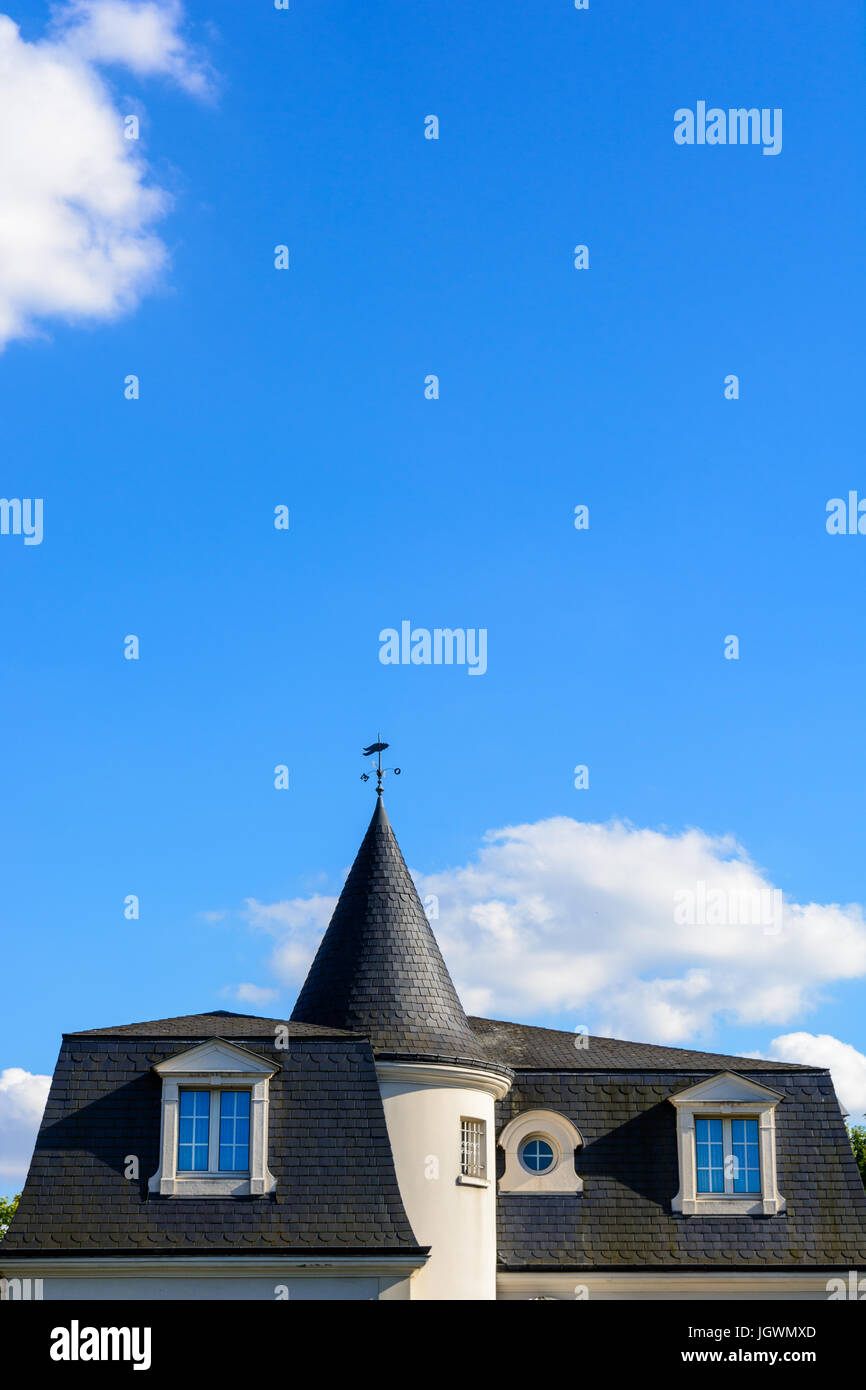 Schieferdach für eine hoch stehende Haus mit einem Turm und einer Wetterfahne unter blauem Himmel. Stockfoto