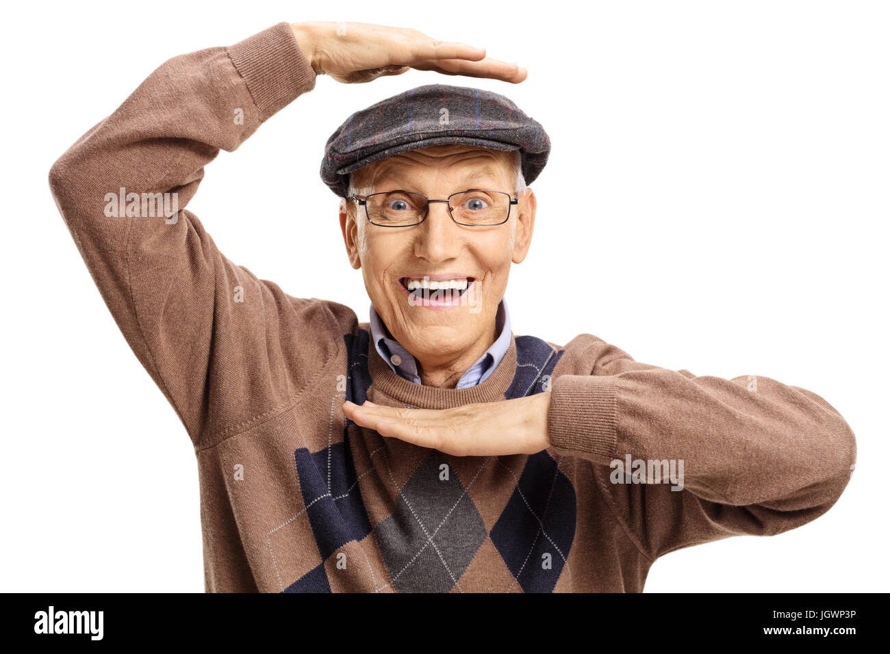 Freudige älterer Mann macht ein Hand-Frame isoliert auf weißem Hintergrund Stockfoto
