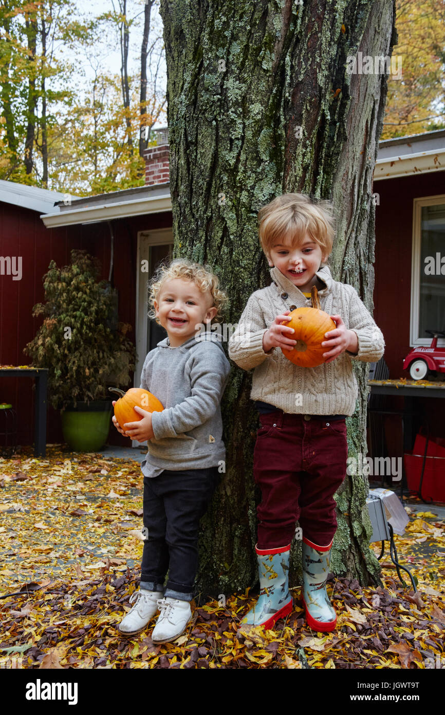 Porträt eines jungen und männliche Kleinkind gelehnt Garten Baum hält Kürbisse Stockfoto