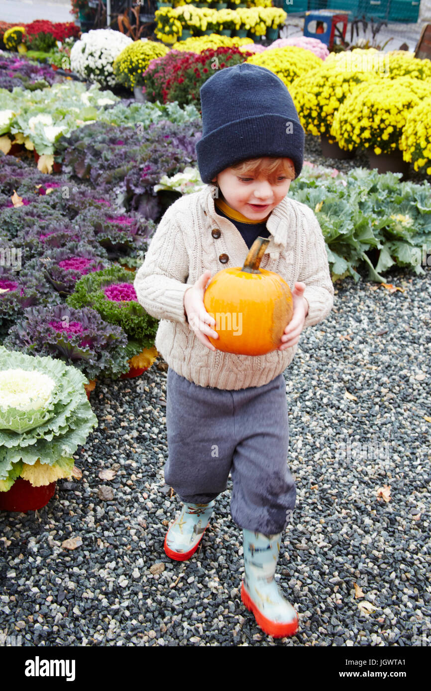 Junge mit Kürbis im Garten-Center Stockfoto