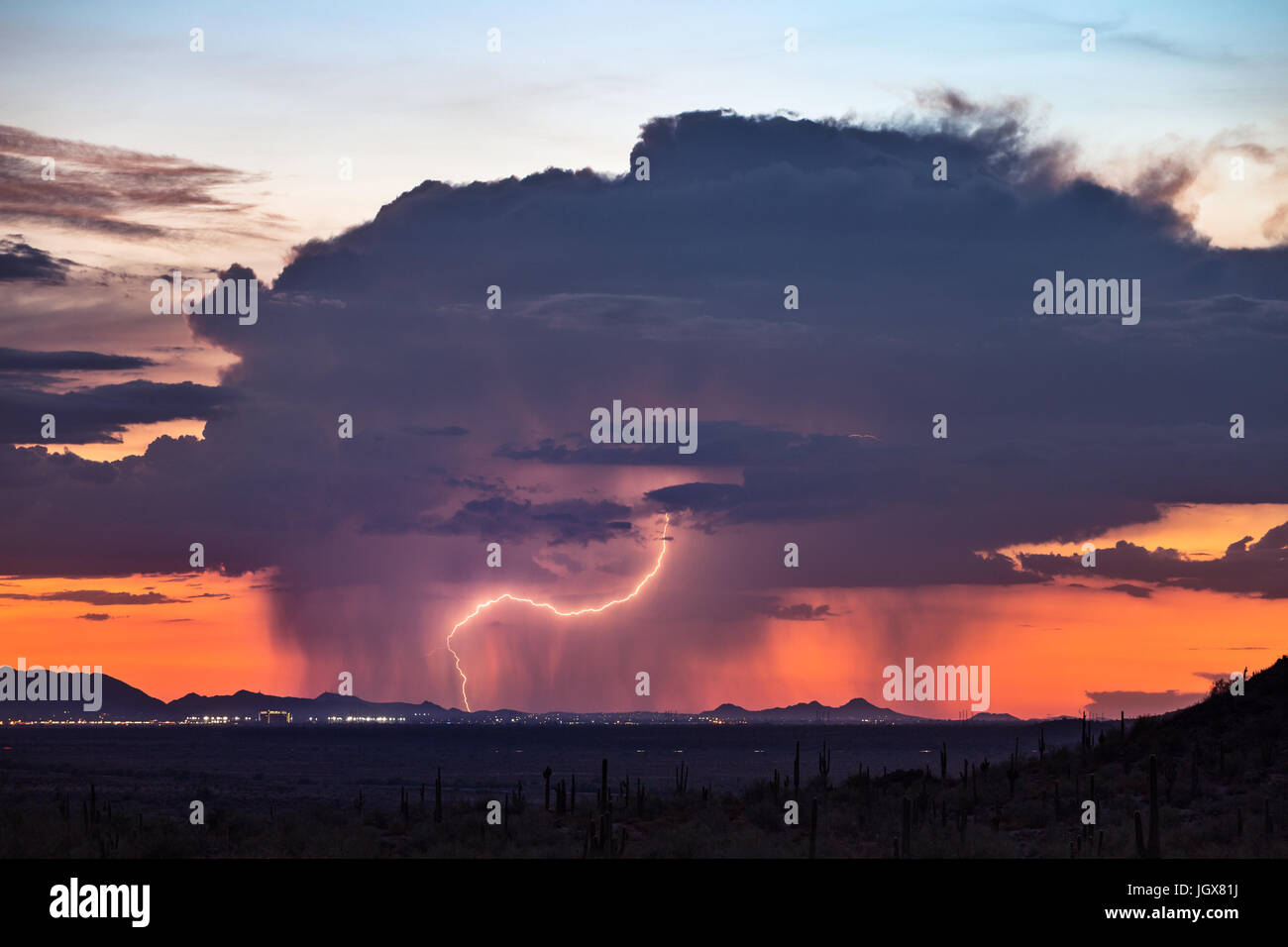 Dramatische Monsun-Gewitterwolken und Blitzeinschläge bei Sonnenuntergang in Phoenix, Arizona, USA Stockfoto