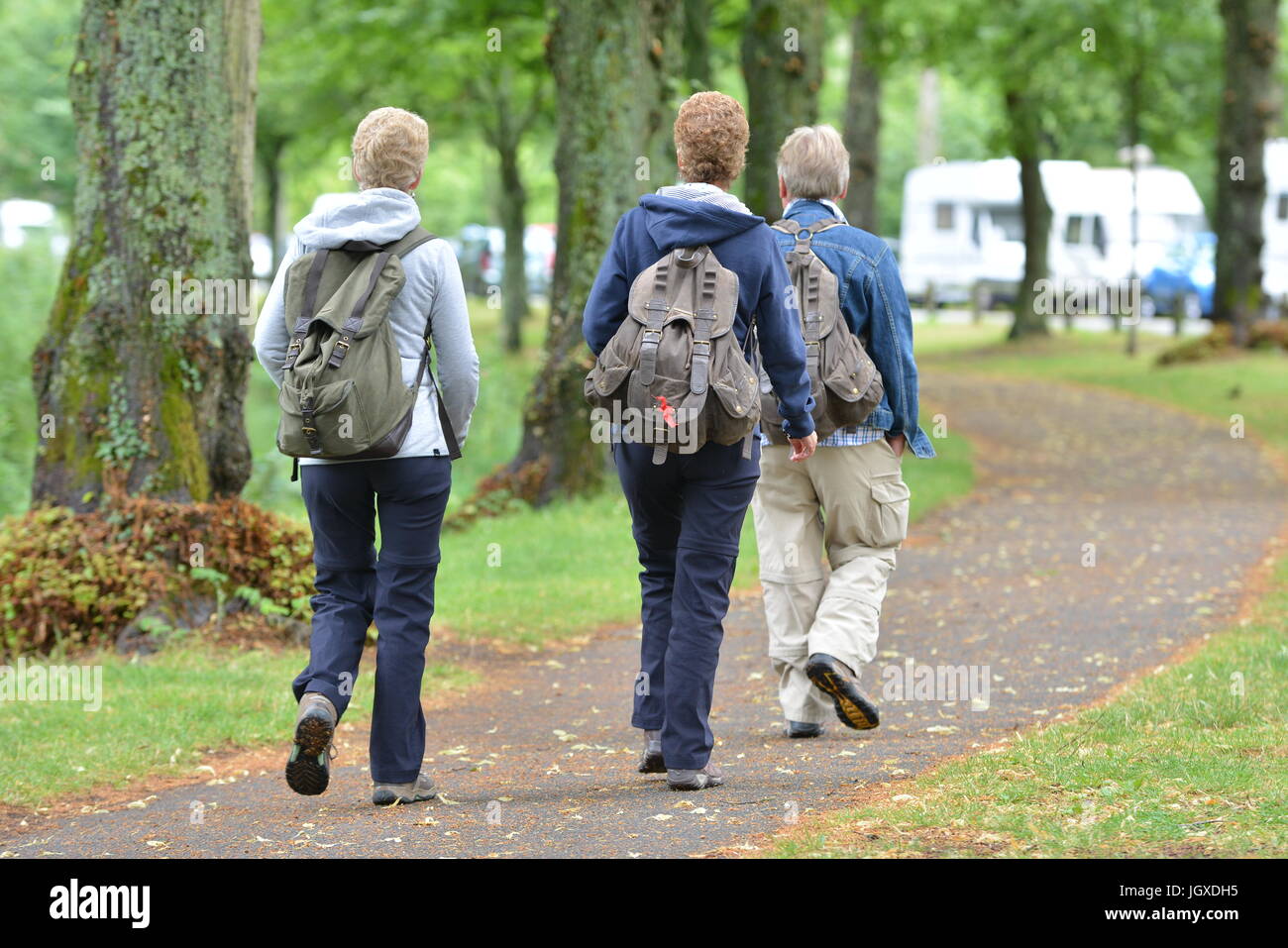 Eine kleine Gruppe von Menschen zu Fuß mit Rucksack in der Landschaft in Großbritannien. Stockfoto