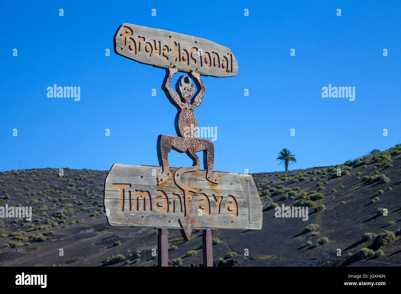 Hinweisschild, Parque Nacional de Timanfaya, Entworfen von Cesar Manrique, Nationalpark Timanfaya, Lanzarote, Kanarische Inseln, Europa | Zeichen von Tima Stockfoto