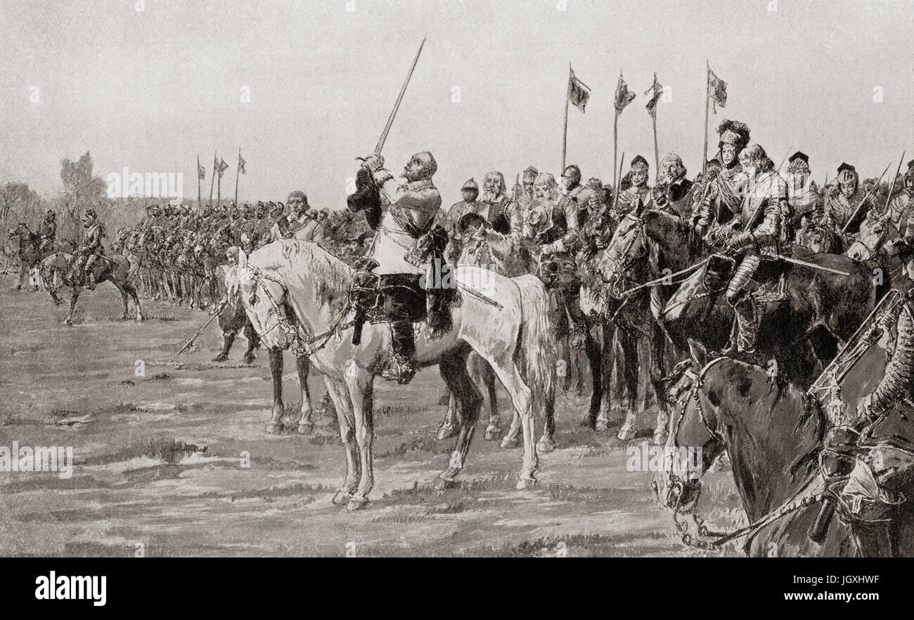 Gustavus Adolphus Gebet vor der Schlacht von Lützen 1632, wurde er später in dieser Schlacht getötet.  Gustav II. Adolf, 1594 – 1632, alias Gustavus Adolphus. König von Schweden.  Hutchinson Geschichte der Nationen veröffentlichte 1915. Stockfoto