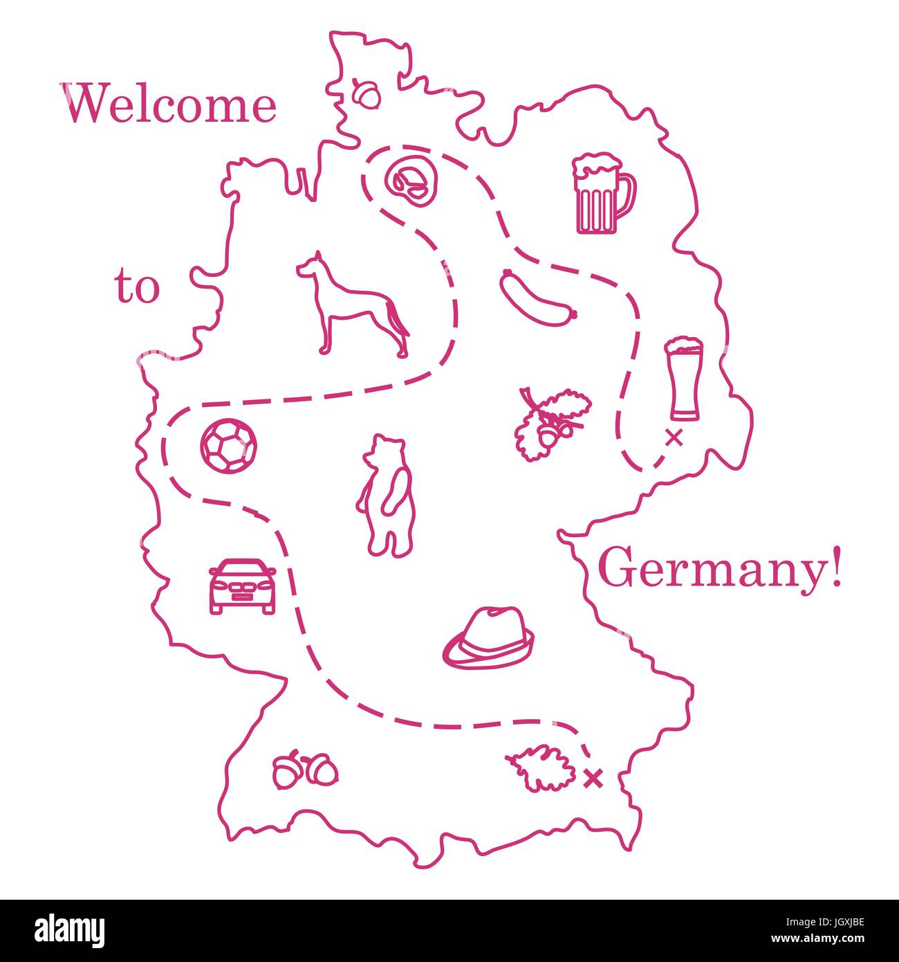 Vector Illustration mit verschiedenen Symbolen in Deutschland. Reisen und Freizeit. Design für Banner, Poster oder Drucken. Stock Vektor