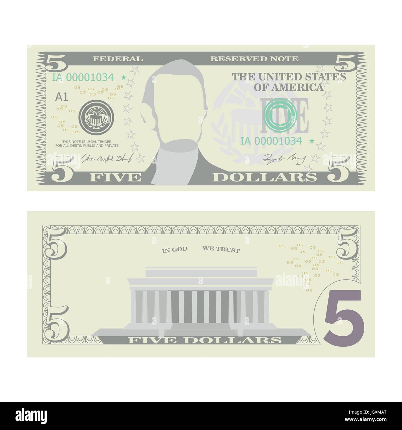 5 Dollar Banknote Vektor. Cartoon U.S.-Währung. Zwei Seiten der fünf amerikanischen Geldschein isoliert Illustration. Cash-Symbol 5 Dollar Stock Vektor