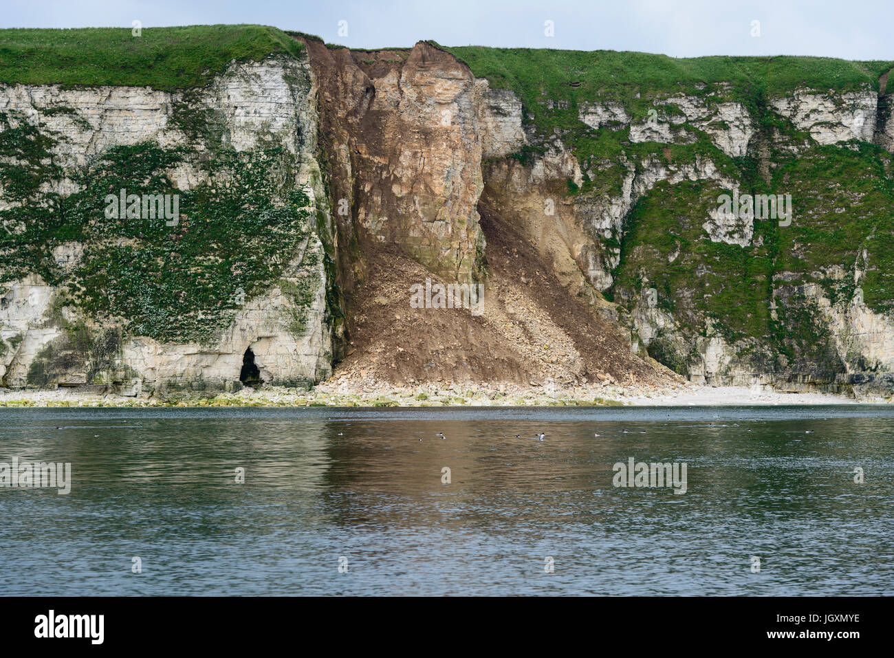 Cliff Erosion Küstenerosion südlich von Bempton Cliffs, UK. Stockfoto