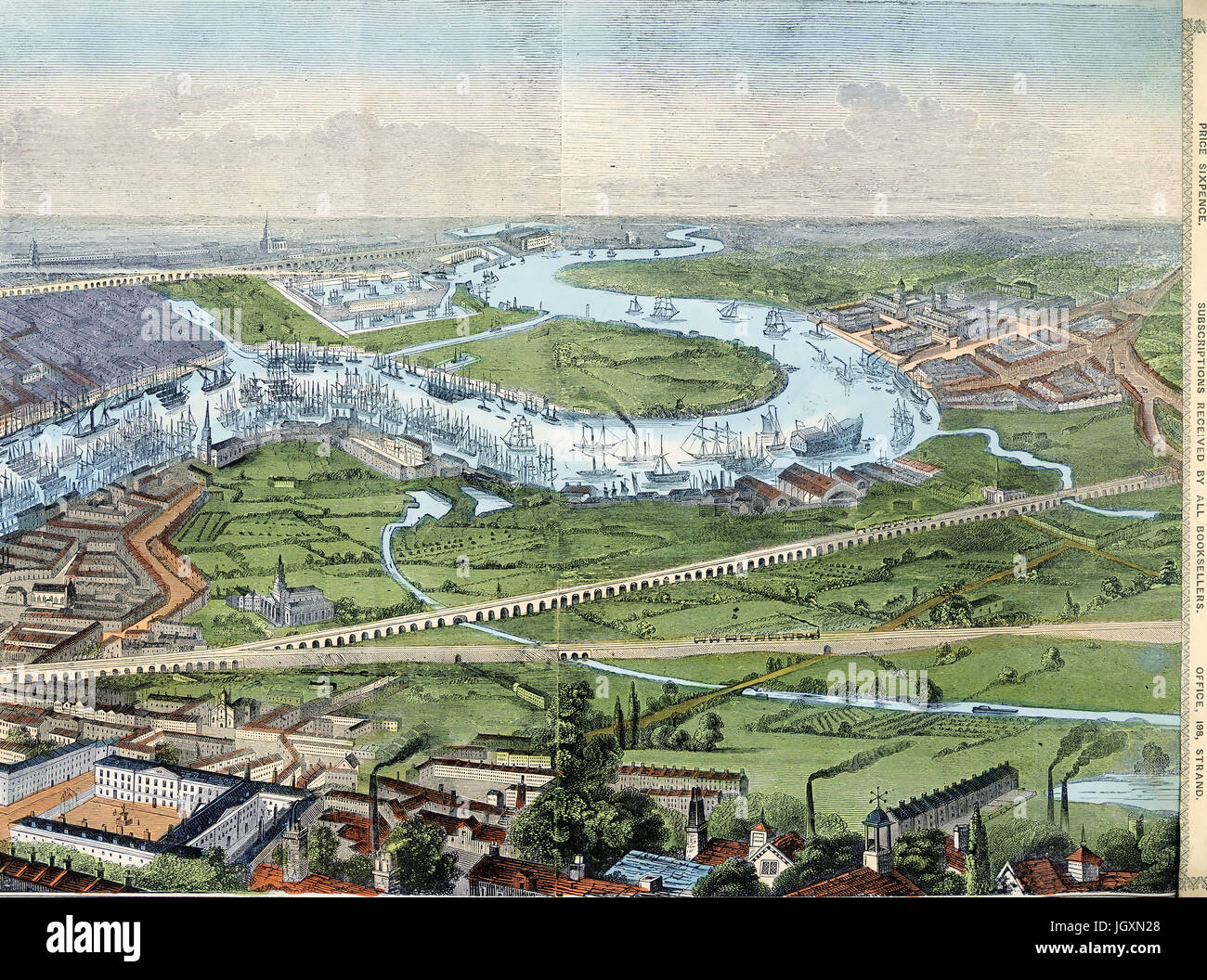 LONDON PANORAMA von der Illustrated London News im Jahr 1845 veröffentlicht. Blick nach Osten auf der Themse vorbei Dockland Stockfoto