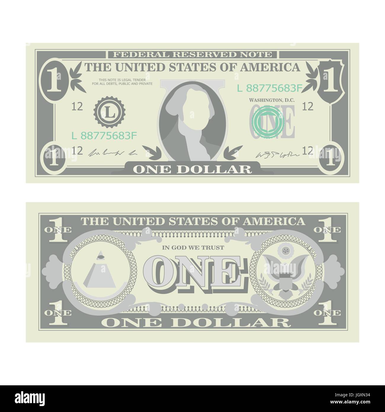 1-Dollar-Banknote Vektor. Cartoon U.S.-Währung. Zwei Seiten von einem amerikanischen Geld Rechnung isoliert Illustration. Symbol 1 US-Dollar in Bar Stock Vektor