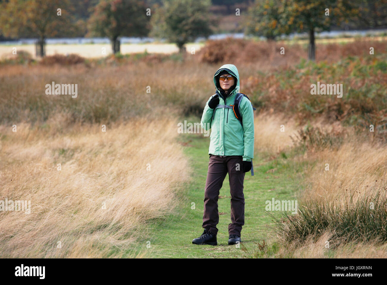 East Asian Woman Wandern im Richmond Park, London, UK. Stockfoto