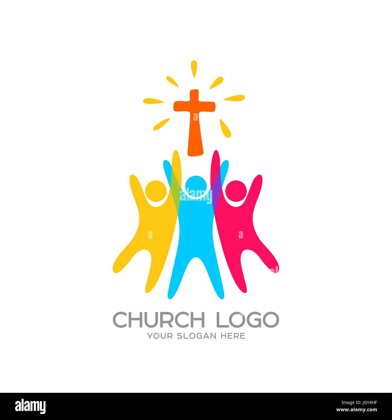 Logo der Kirche. Christliche Symbole. Menschen anbeten den Herrn Jesus Christus Stock Vektor