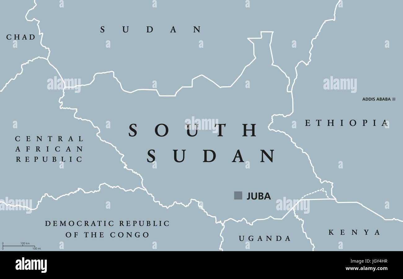 Süd-Sudan politische Karte mit Hauptstadt Juba und nationale Grenzen hinweg. Republik und arabischen Staat in Nordafrika. Graue Abbildung. Stockfoto