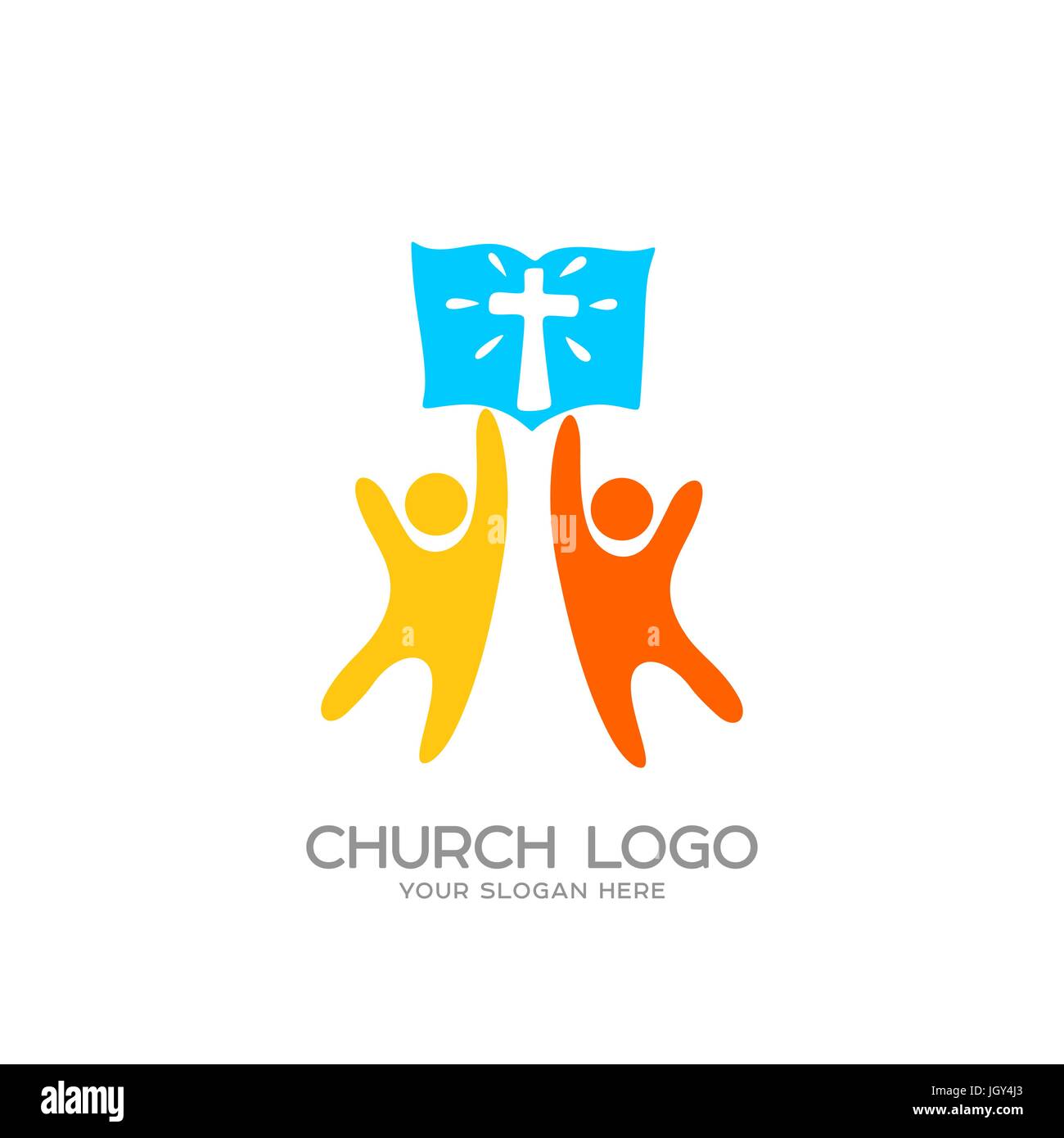 Logo der Kirche. Christliche Symbole. Menschen anbeten den Herrn Jesus Christus Stock Vektor