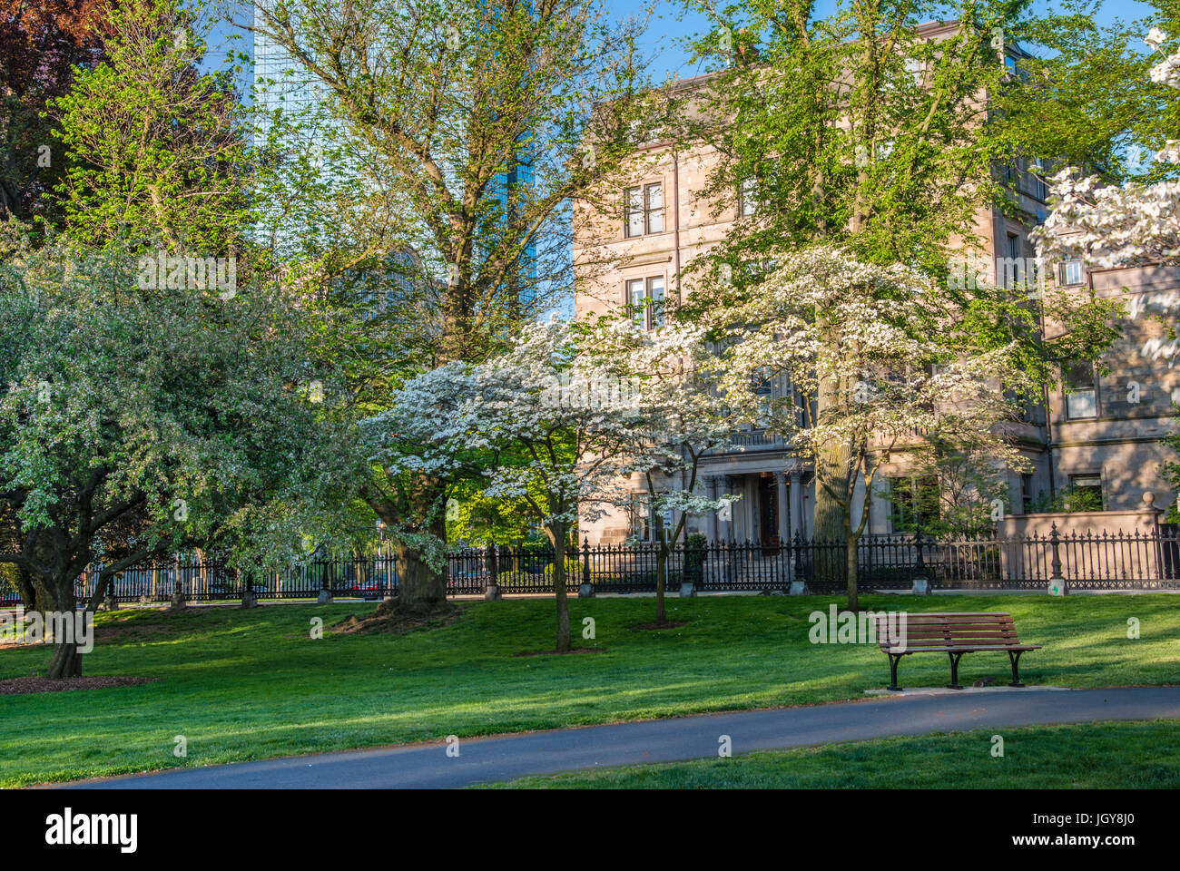 Frühling-Szene von blühenden Bäumen mit einer Parkbank im Vordergrund bei der Boston Public Garden in Boston, Massachusetts. Stockfoto