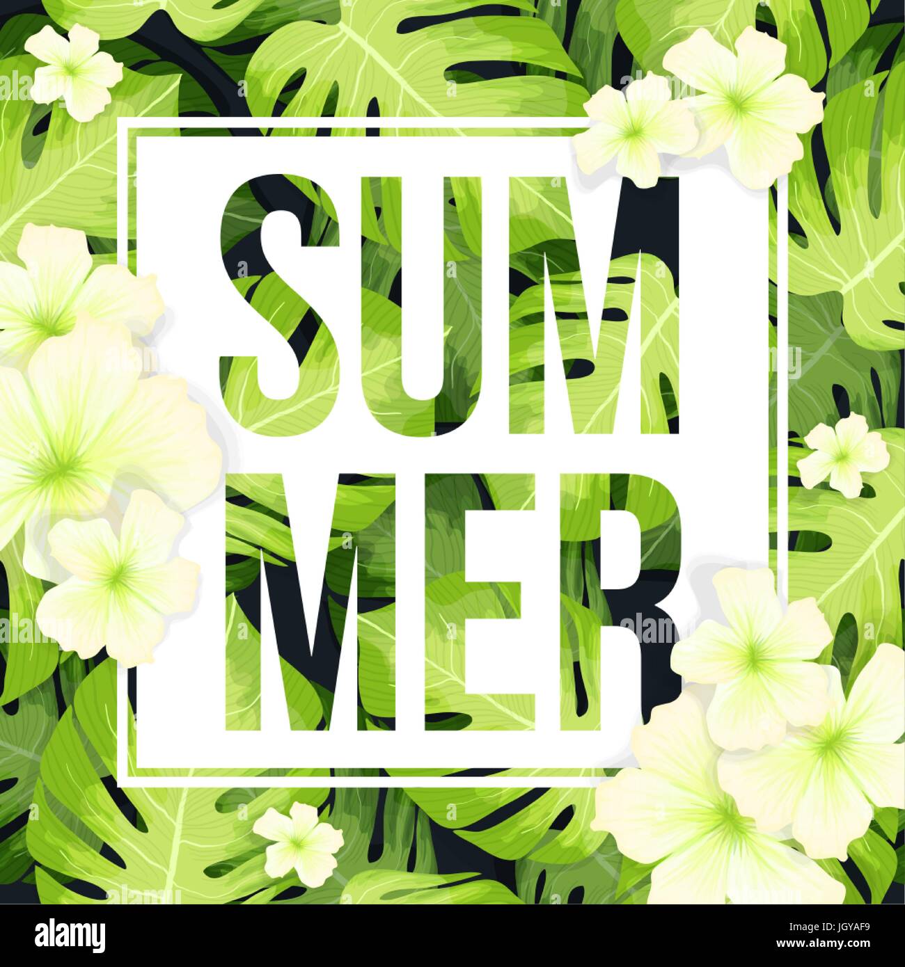 Summer Sale Banner oder Poster mit Monstera Palm Blätter Muster und Hibiskus Blüten Stock Vektor