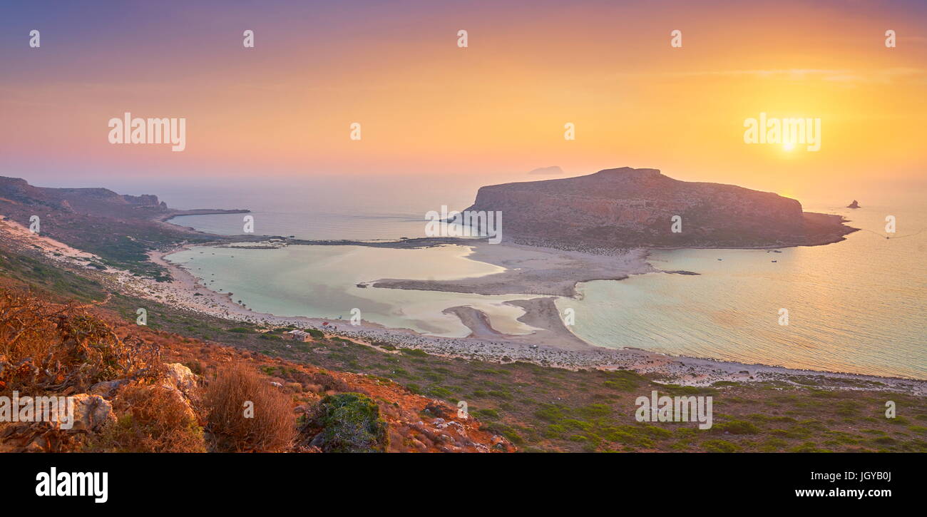 Panoramablick Sonnenuntergang am Balos Beach, Insel Kreta, Griechenland Stockfoto